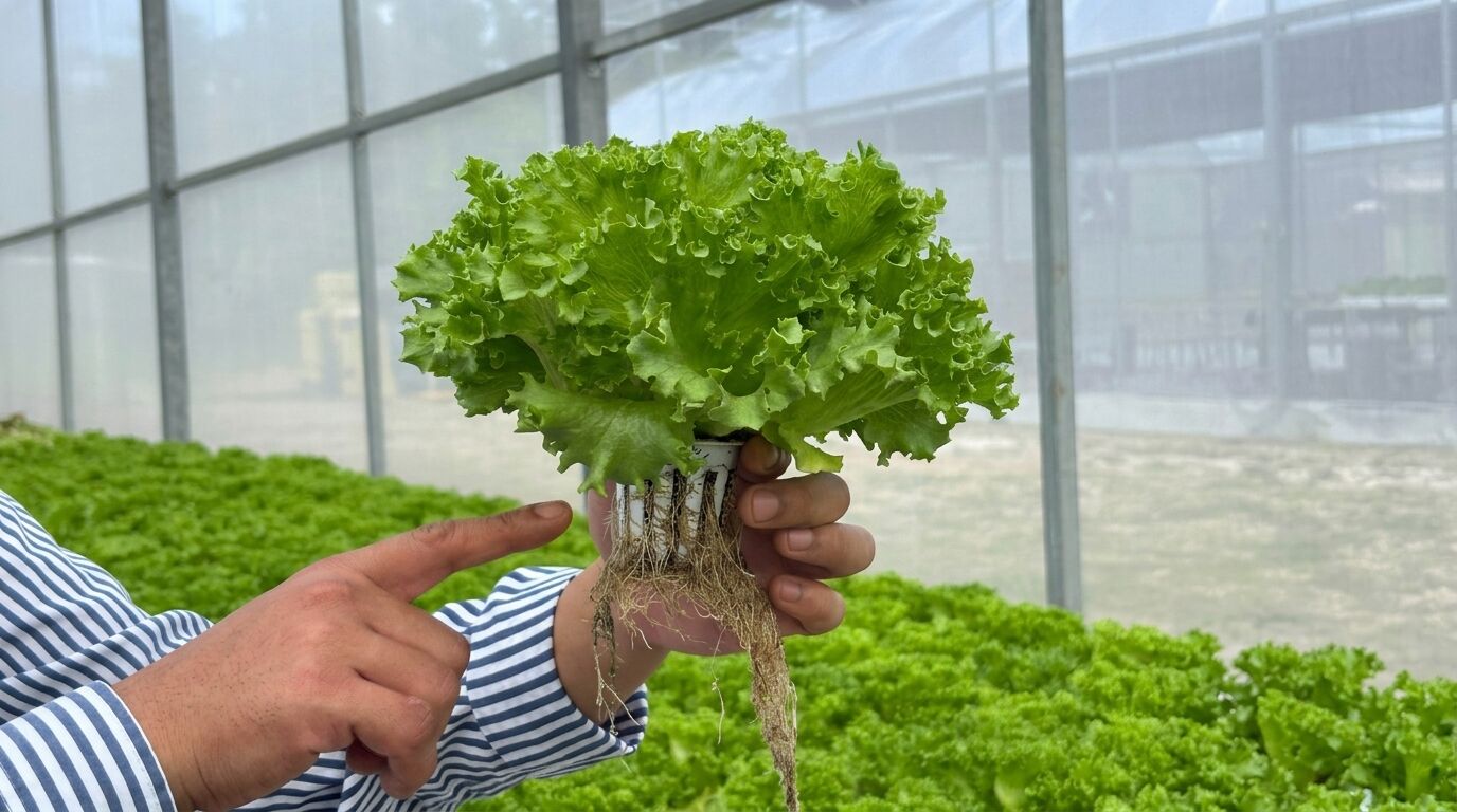Hydroponically grown lettuce at a SAREEWÂ greenhouse, showing the root system in the nutrient film channel